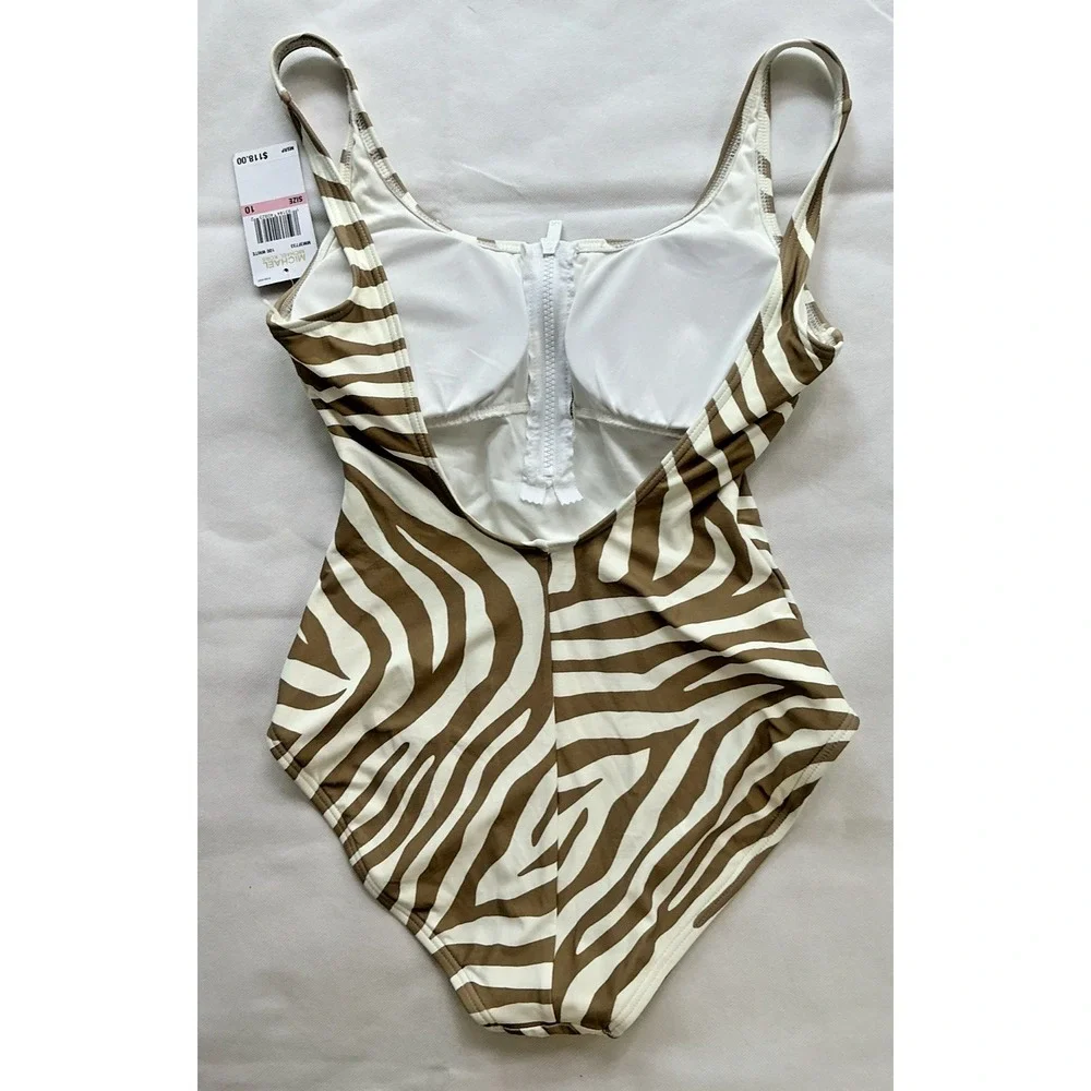 NEW Michael Kors Women's One Piece Swimsuit Size 10 Tan White Zebra Print Zipper